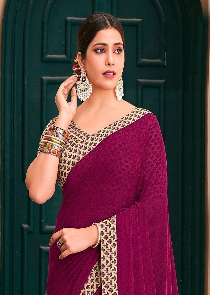 Digital Printed Georgette Saree in Wine view 2