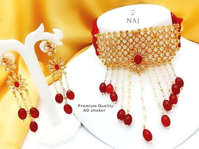 Trending Choker Maroon and White Color Chick Necklace Set for Women's Traditional Or Western Outfit and Grace The Occasion with Earrings. view 2