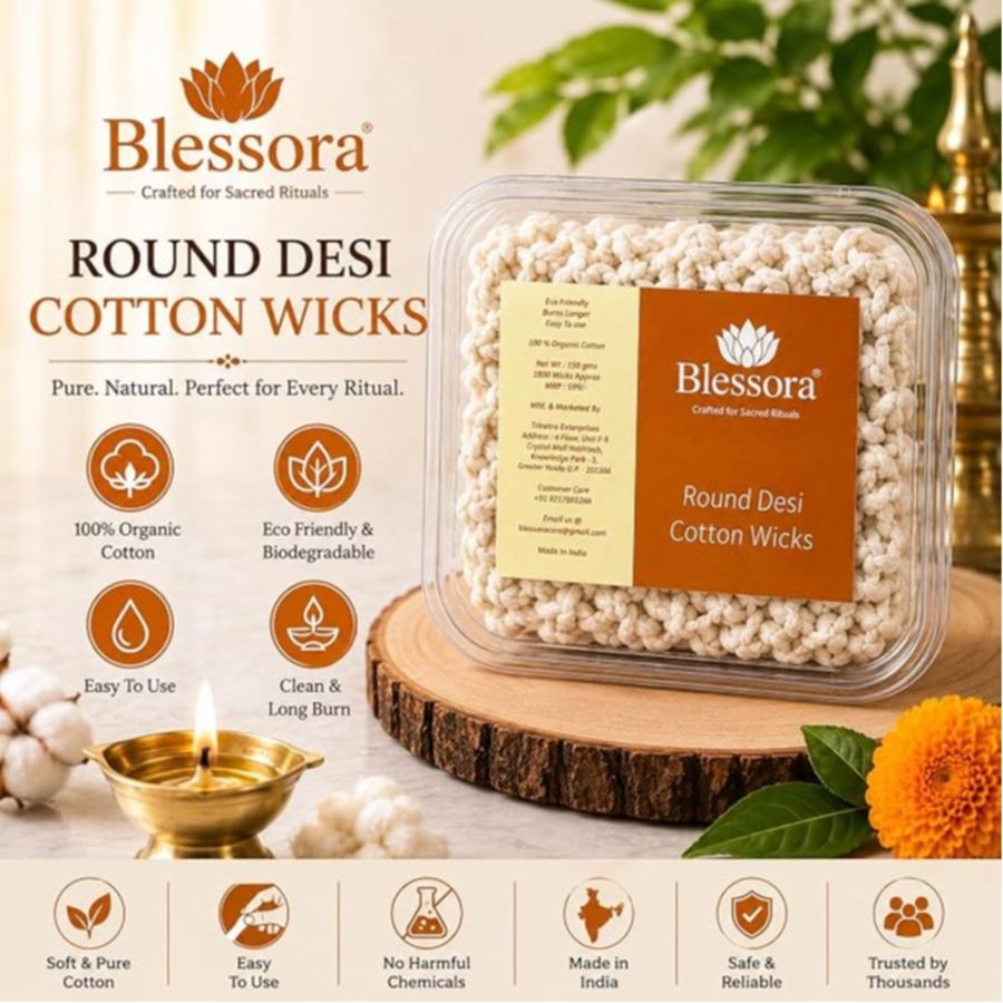 Desi Round Cotton Wicks Diya Batti - White Phool Rui for Pooja | Long Lasting Aarti Use | Temple Daily Worship (Pack of 1800 Pcs) view 2