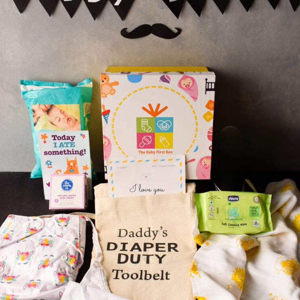 The Baby First Box Daddy's Duty Toolkit Gift For New Dads (Apron, Quick Dry Sheet, Disposable Diapers, Cotton Diapers For Babies, Diaper Rash Cream And 18 Milestone Cards),1 Count