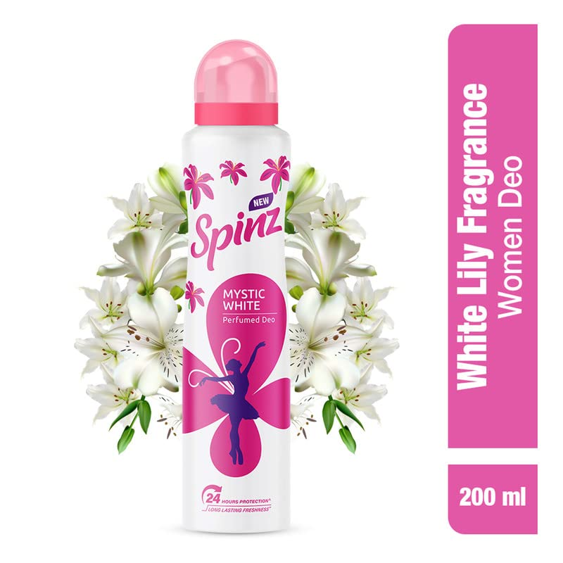 Spinz Mystic White Perfumed Deo for Women Fresh Lily Fragrance Long Lasting Freshness, 24 Hours Protection from Odour causing Bacteria - 200 ml
