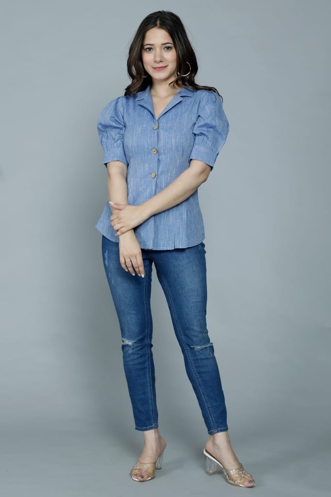 Women's Casual Solid Blue Shirt with Puff Sleeves