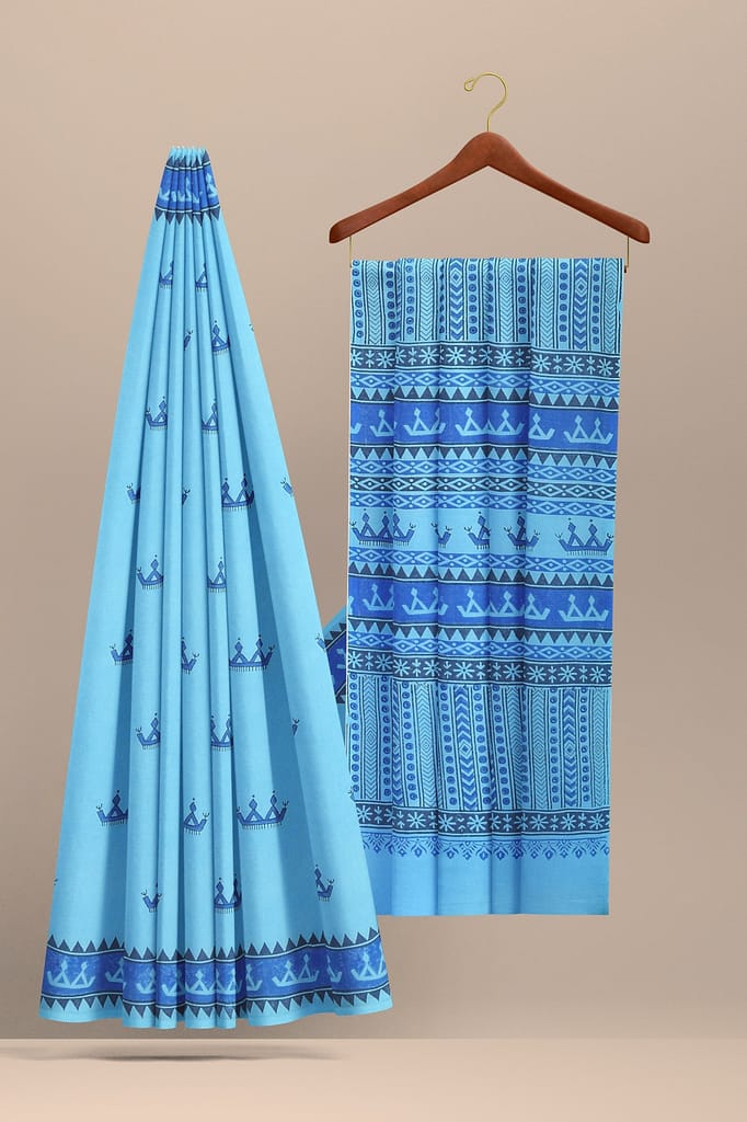 Sky Blue Tribal Motif Hand Block Print Malmal Cotton Saree SKU- AS10062 view 2