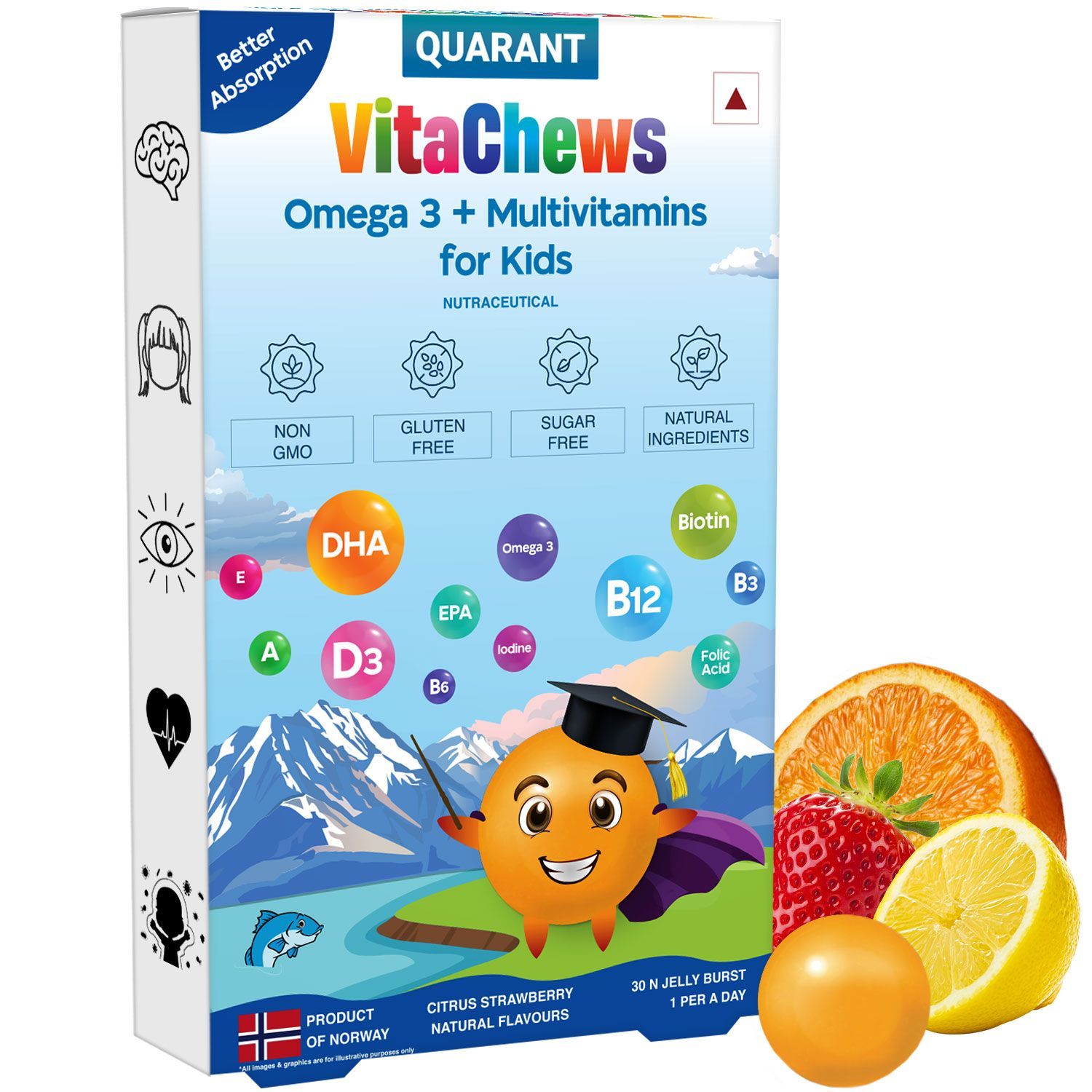 QUARANT VitaChews Omega 3 Fish Oil + Multivitamin for Kids, 30 Sugar Free Gummies, DHA + EPA & 10 Vitamins, Booster for Brain, Heart, Eyes, Immunity & Total Health, Natural Citrus Strawberry Flavour