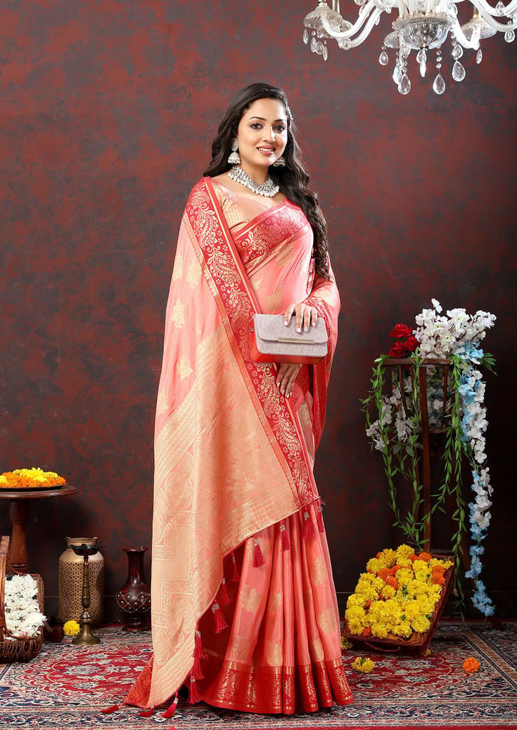 Peach Cotton Woven Design with Zari Weaving Design Saree view 2