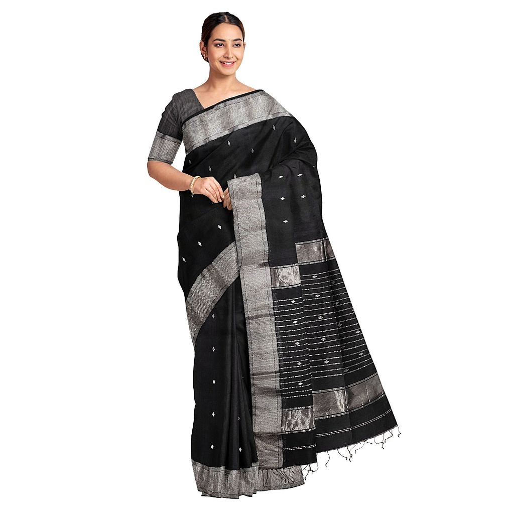Maheshwari Silver Zari Black Saree view 2