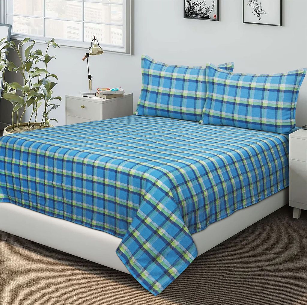 AIRWILL, 200GSM Handloom Cotton Double Bedsheet with 2 Pillow Covers, Iron Dobby Designer Weaved Blue and Green - Pack of 3 pcs view 2