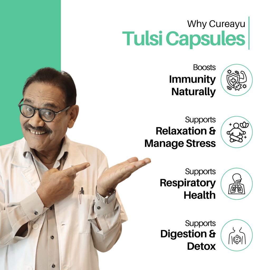 Cureayu Tulsi Capsules | Ayurvedic Immunity & Wellness Support | Reduces Stress view 2