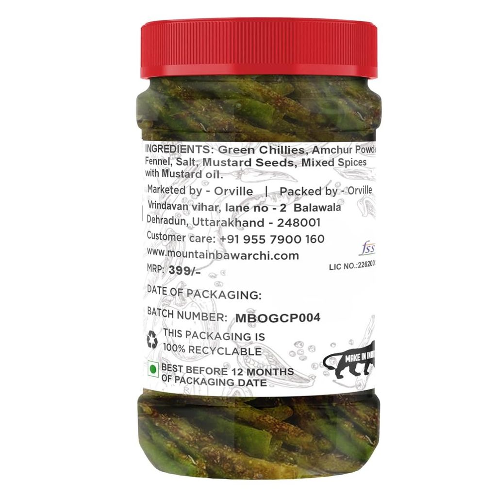 Mountain Bawarchi Green Chilli Pickle | Home made Hari Mirchi ka Achar | Chilli Pickles in Fresh Form (400g) view 2