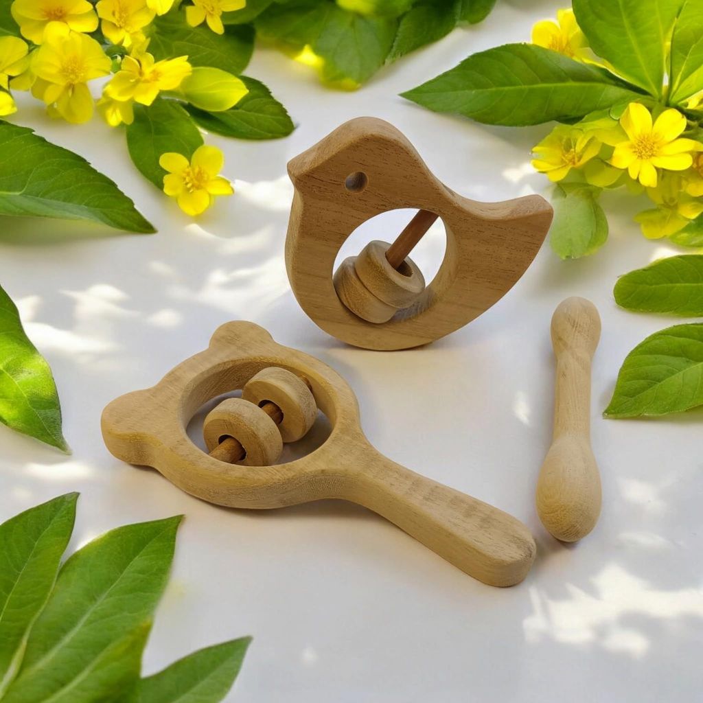 Neemtoys Neem Wooden Combo of Rattles & Teether, Dove, Mickey Head and Dumbbell Shapes Teether, Teething Toy for Babies with Multiple Textured Surface (Brown) view 2