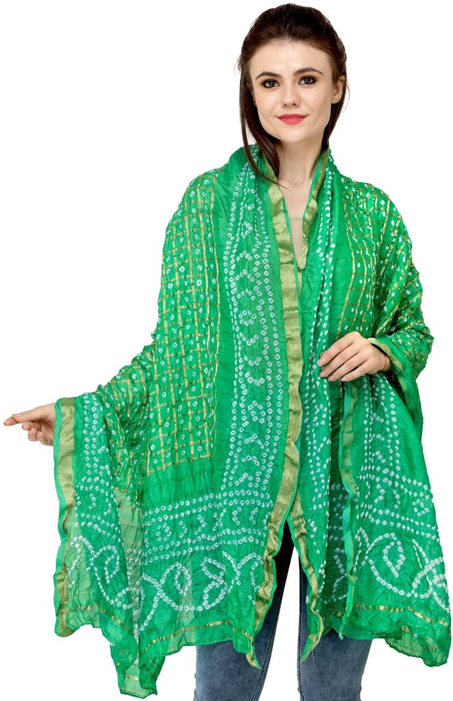 Bright-Green Bandhani Tie-Dye Gharchola Dupatta from Jodhpur with Golden Thread Weave view 2