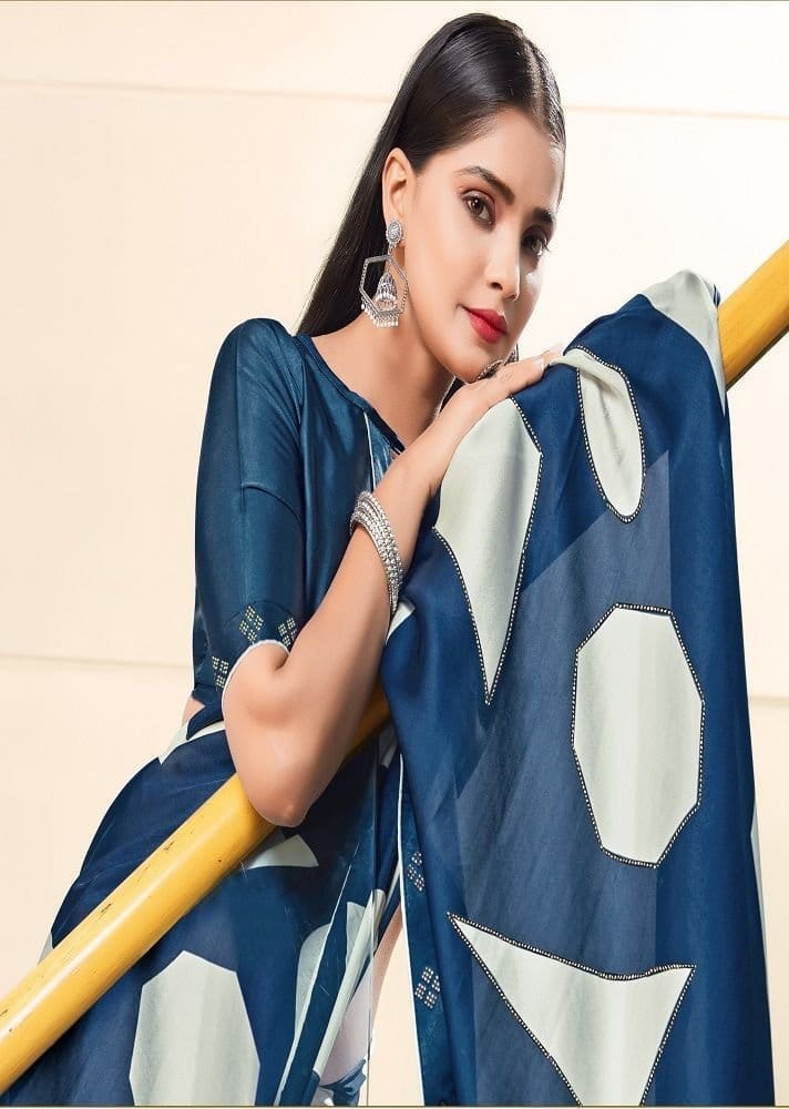 Digital Printed Satin Georgette Saree in Blue view 2
