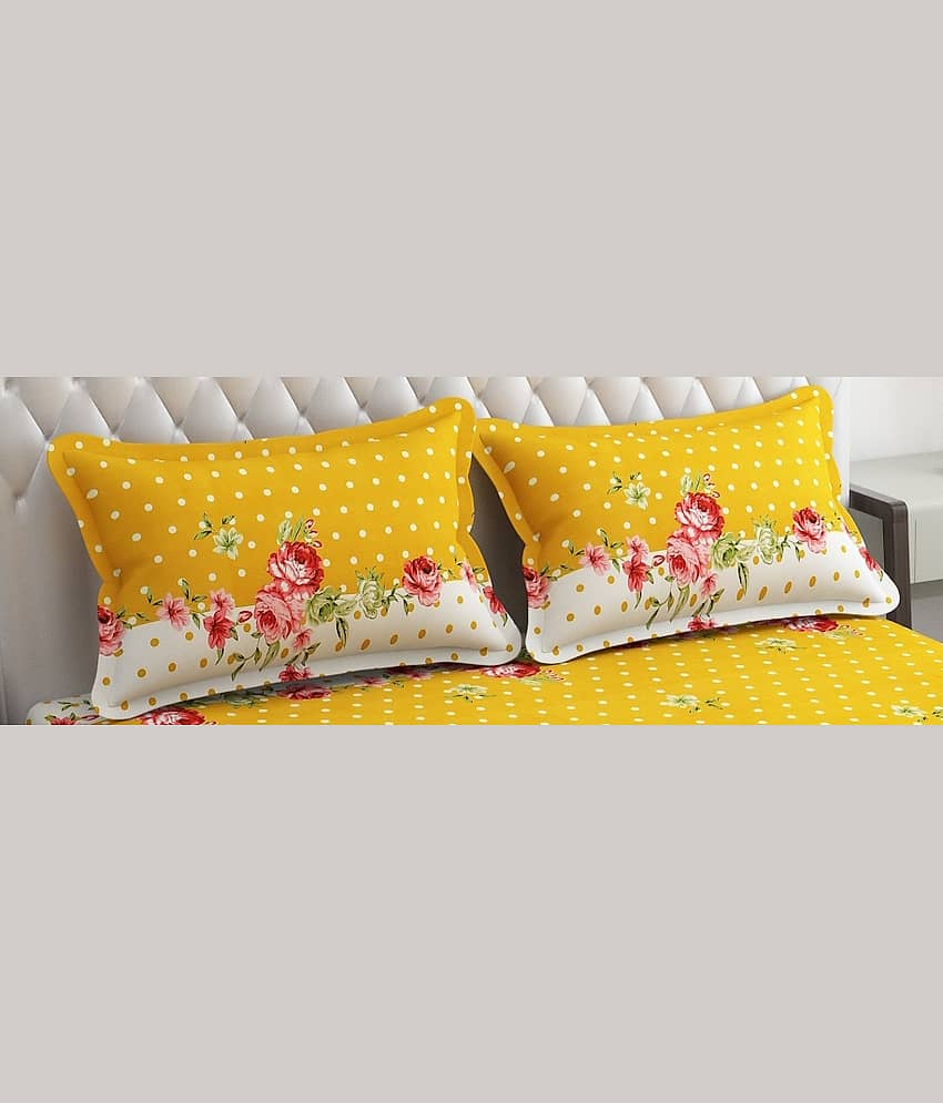 SHOMES Cotton Polka Dots Fitted 1 Bedsheet with 2 Pillow Covers ( Double Bed ) - Yellow view 2