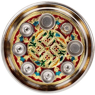 Kesar Zems Steel Pooja Thali (27 cm x 27 cm x 3 cm, Silver, Pack of 9). view 2