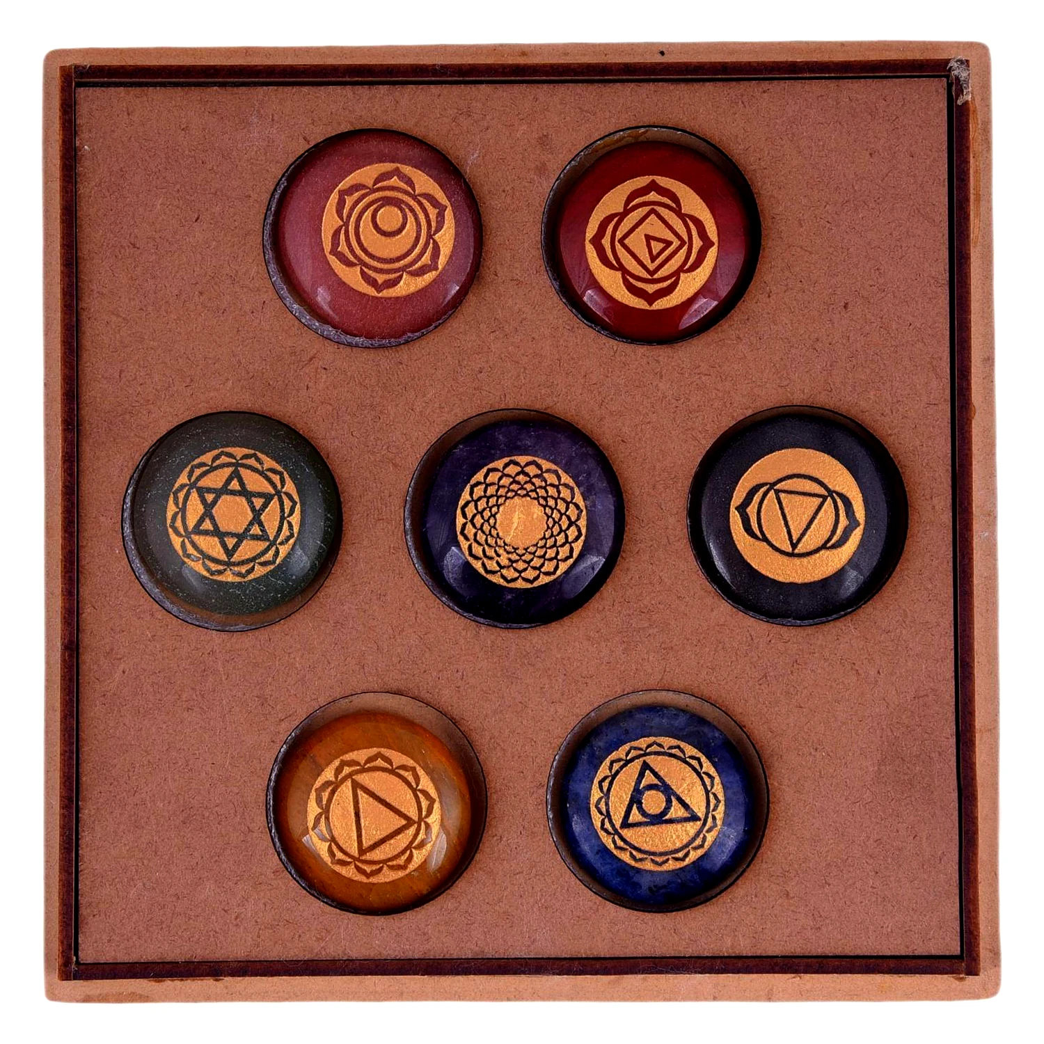 Seven Chakra Symbol Reiki Crystal Healing Set of 7 pcs with Box Reiki Engraved Natural Crystal Round Reiki Set(KI_05) by Krishna Impex view 2