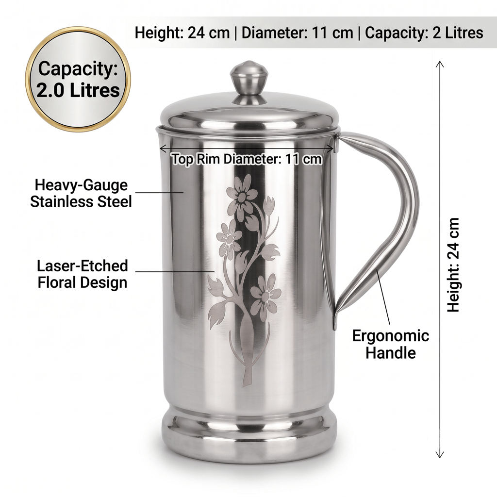 WEKTU Premium Stainless Steel Water Jug with Lid (2.0 Litres) – Laser Floral Engraved Heavy Duty Water Pitcher, Leak-Proof & Rust-Proof Container for Home, Kitchen & Dining Table view 2