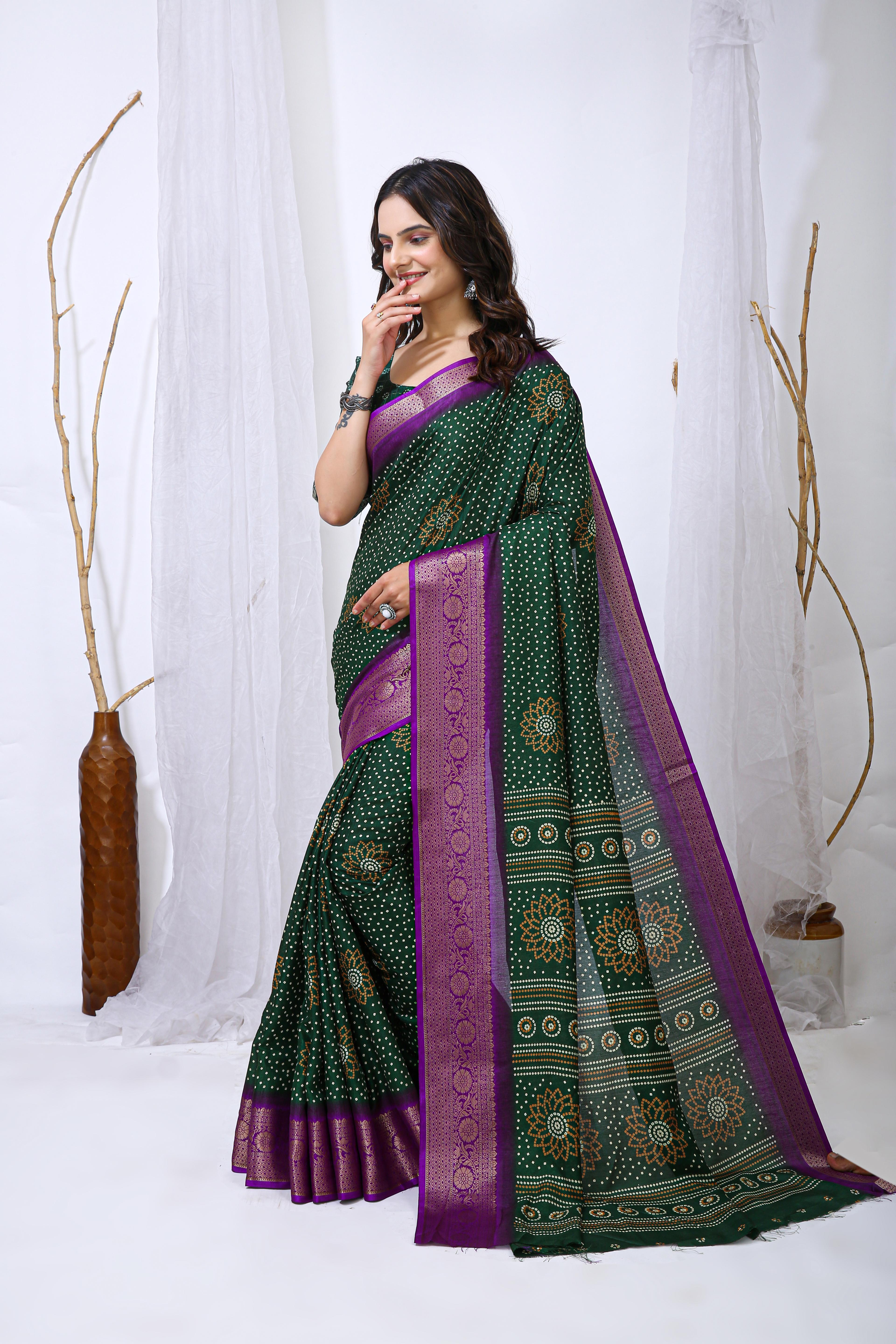 Bandhani Print Dola Silk Saree with Zari Border view 2