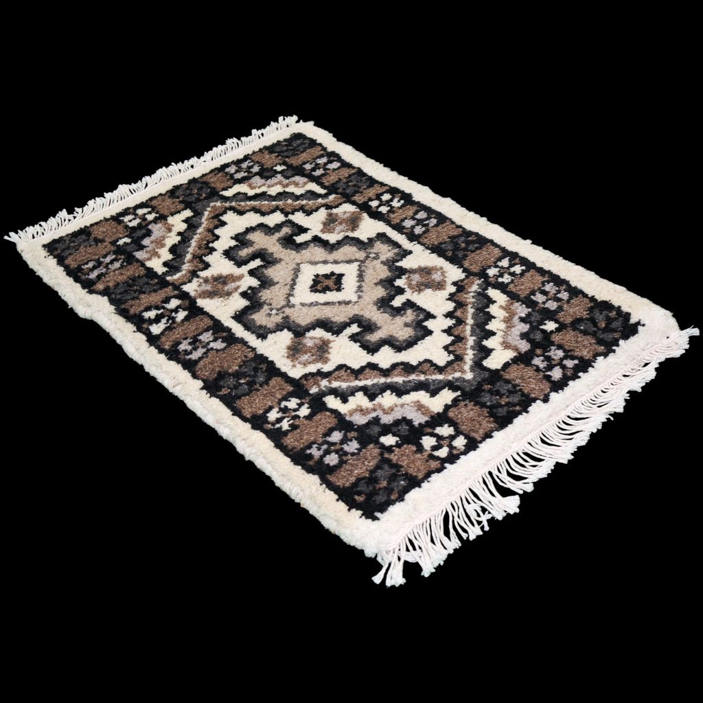 ELURU Classic Ethnic Geometric Door Mat | Soft Woolen Decorative Carpet with Fringe – Beige, Brown & Black view 2