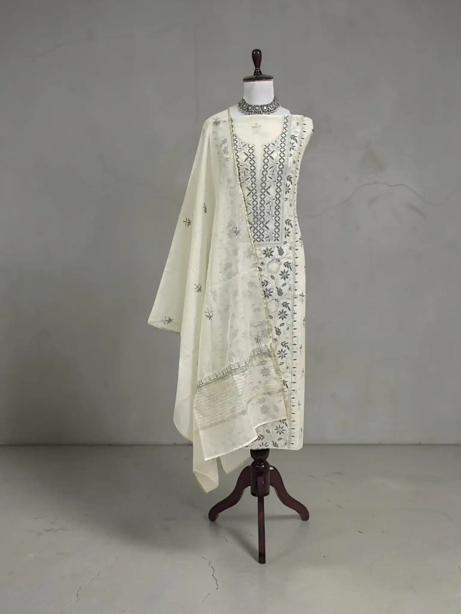 Lucknow Chikankari Hand-Embroidered Mul Cotton Dress Material