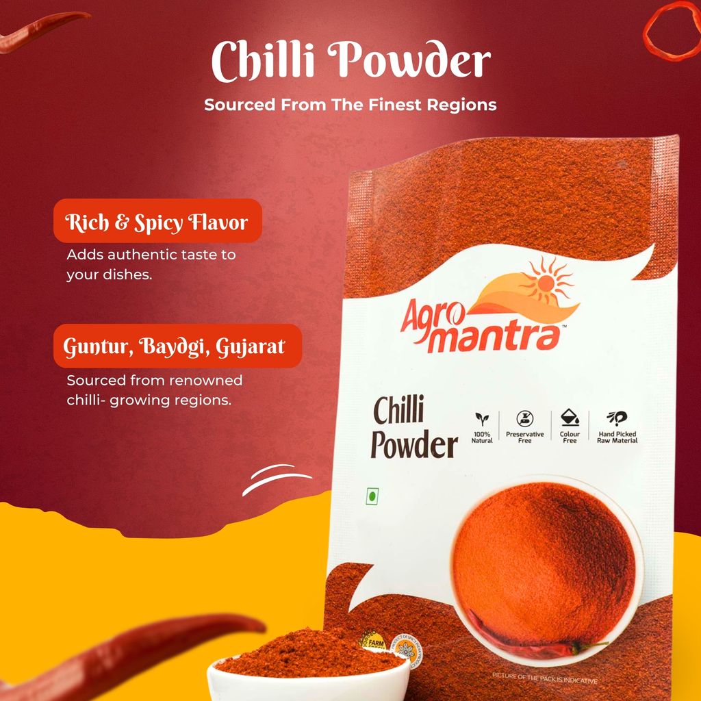 Agro Mantra Chilli Powder 500g | Authentic Indian Spice | Hand-Picked Guntur, Baydgi, Gujarat Chillies | Without Preservatives & Artificial Colour | Vibrant Colour & Rich Heat | Ideal for Curries, Chutneys & Tandoori Dishes (pack of 2) view 2