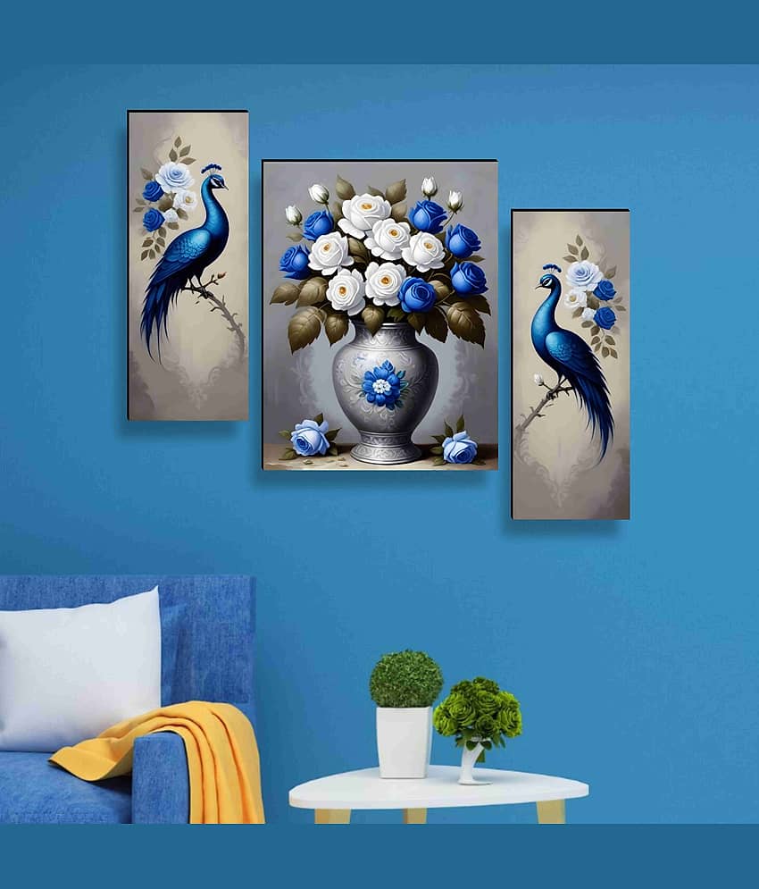 SAF Peacock with Blue & White Rose Wall Art – 3 Panel Royal Bird & Floral Vase Painting for Luxurious Living Room Décor 12 Inch x 20 Inch view 2