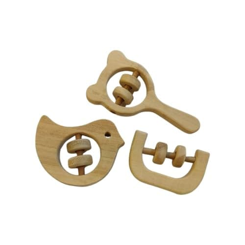 Neemtoys Pure Neem Wooden Rattles, Sound Making Toys for Toddlers, Mickey Head, C Shape and Dove Shapes Teether, Teething Toy for Babies with Multiple Textured Surface (Brown)