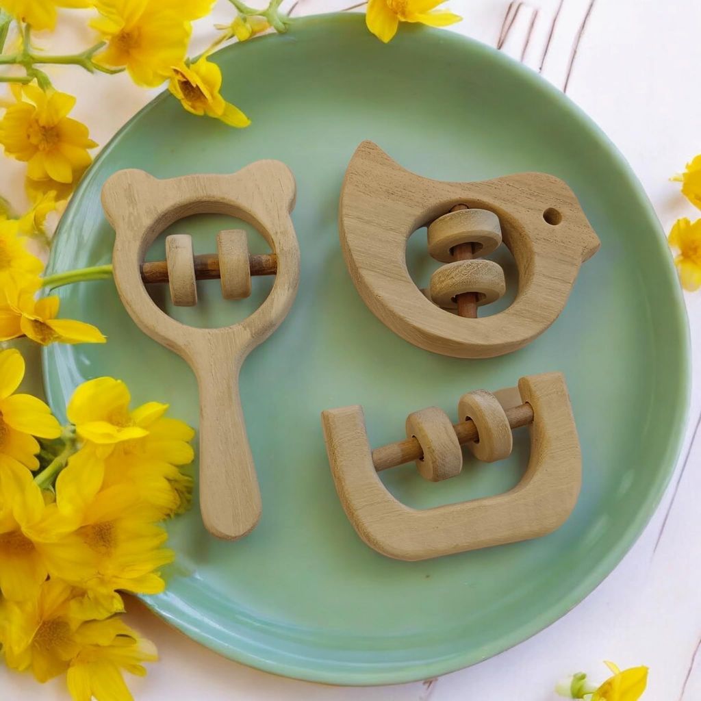 Neemtoys Pure Neem Wooden Rattles, Sound Making Toys for Toddlers, Mickey Head, C Shape and Dove Shapes Teether, Teething Toy for Babies with Multiple Textured Surface (Brown) view 2