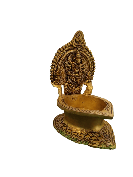 Antique Brass Oil Lamp with intricate carvings of Lord Ganesha view 2