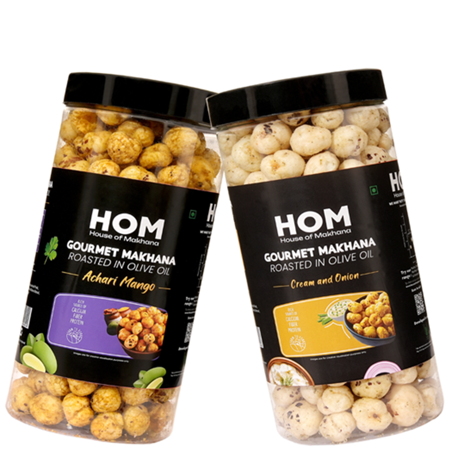 GOURMET MAKHANA Roasted in Olive Oil | Flavors Cream and Onion & Achari Mango | Combo Of 2, 65g Each. - 130 gm
