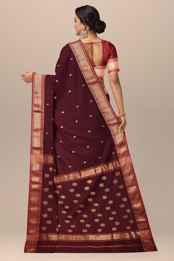 Wine Color Buti Handwoven Sausar Silk Saree with Zari Border and Buta Palla SKU- BS10119 view 2