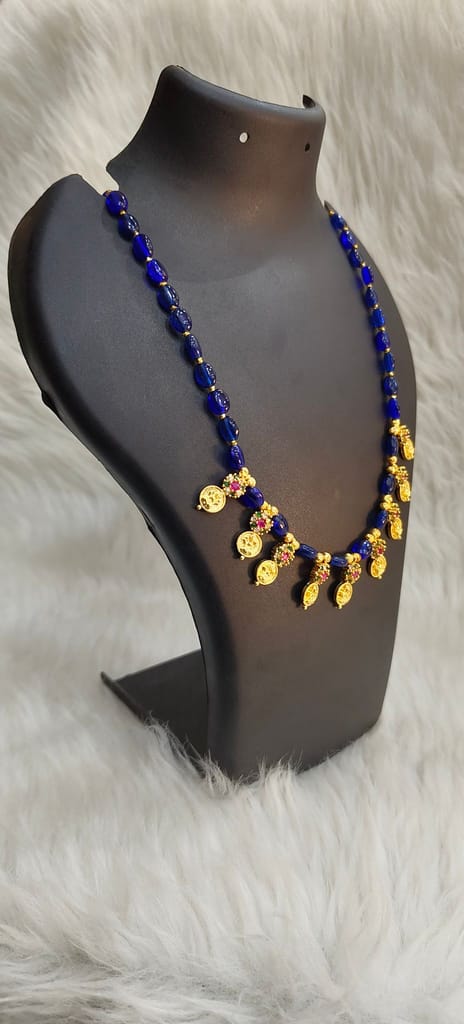 Gold plated Antique Finish Lakshmi Kasu Haram With Blue Beads view 2
