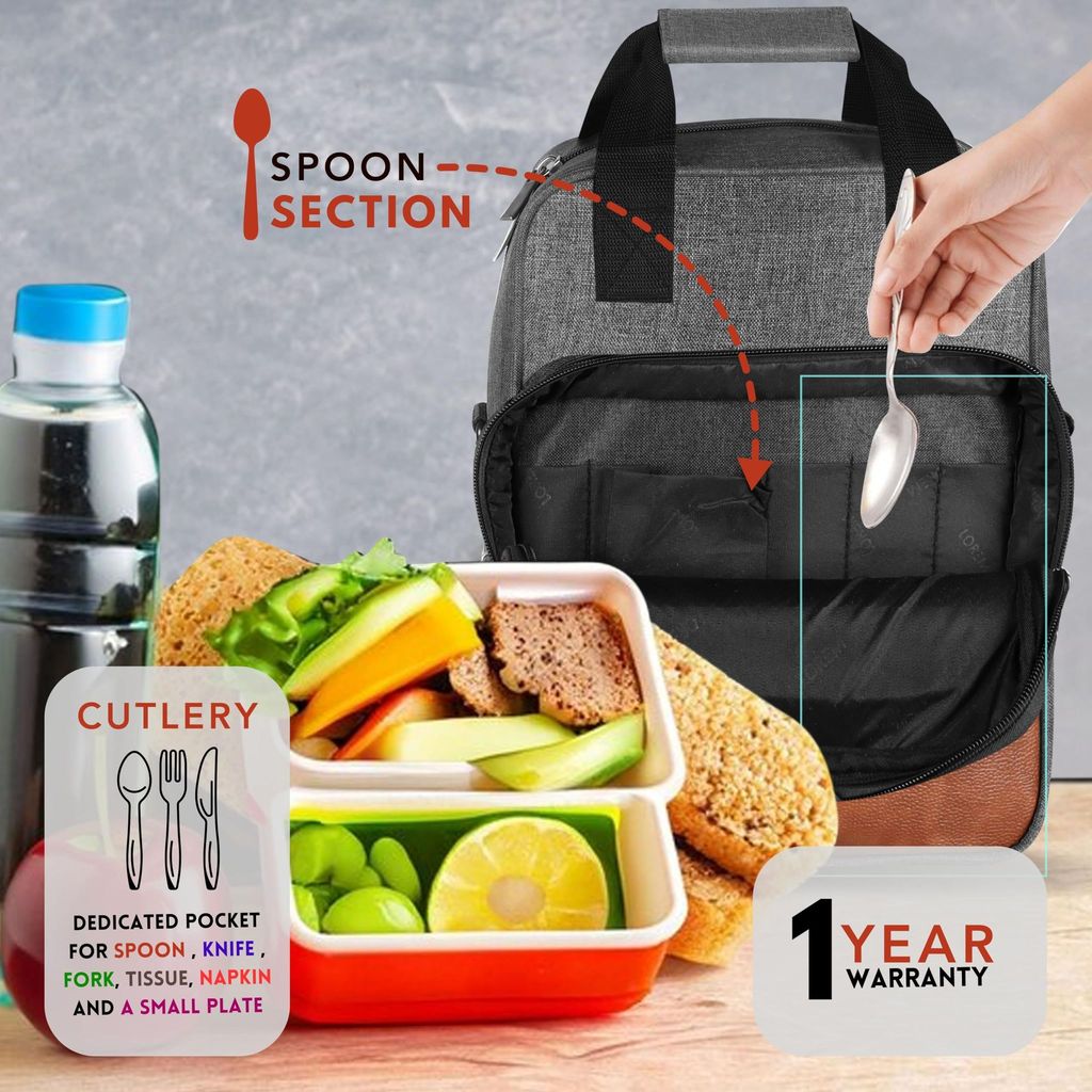 Insulated Lunch Bag | Large Space Fits 2 Lunch Boxes & 1Ltr Water Bottle, Front Cutlery Compartment (Grey & Tan Color) TB14 view 2