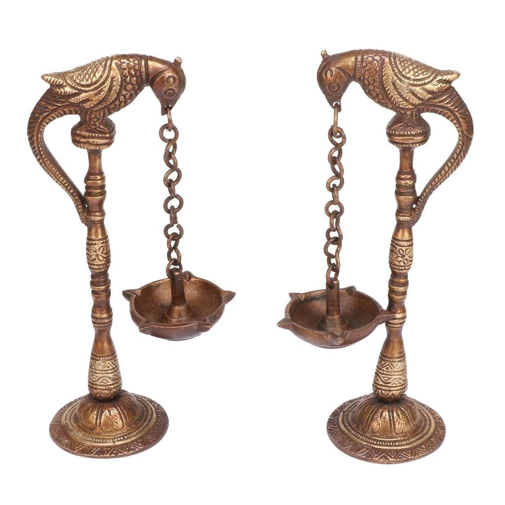Artvarko Brass Metal Parrot Oil Diya with Chain for Puja Home Decor Entrance Deepak Diwali Pooja Deepam Table Stand Mandir Temple Decorative Item view 2