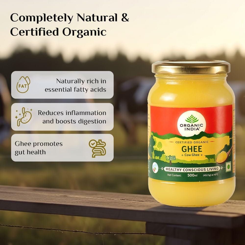 A TATA Product - Organic India Pure Cow Ghee, 500ml, Lab Tested on 600+ Parameters, Certified Organic, Glass Bottle, Sourced from Organically Fed Cows, Authentic Taste, Rich in Healthy Fat view 2