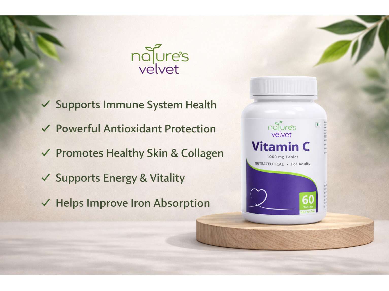 Natures Velvet Vitamin C Tablets for Antioxidant Protection, Immunity Support & Skin Health – 60 Tablets view 2