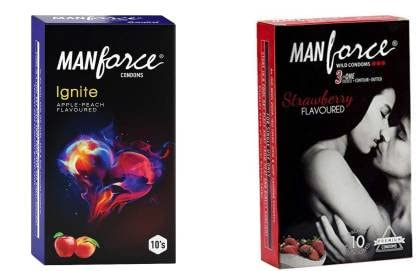 MANFORCE Ignite Apple-peach Flavoured Extra Dotted Box Condoms - 10 Pieces & 3 in 1 Wild Ribbed Contour Dotted Strawberry Flavor Condoms - 10 Pieces Condom (Set of 2 20 Sheets) view 2
