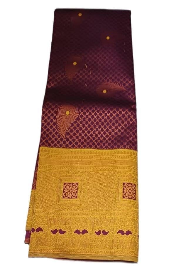 Maroon and gold silk saree with peacock motifs view 2