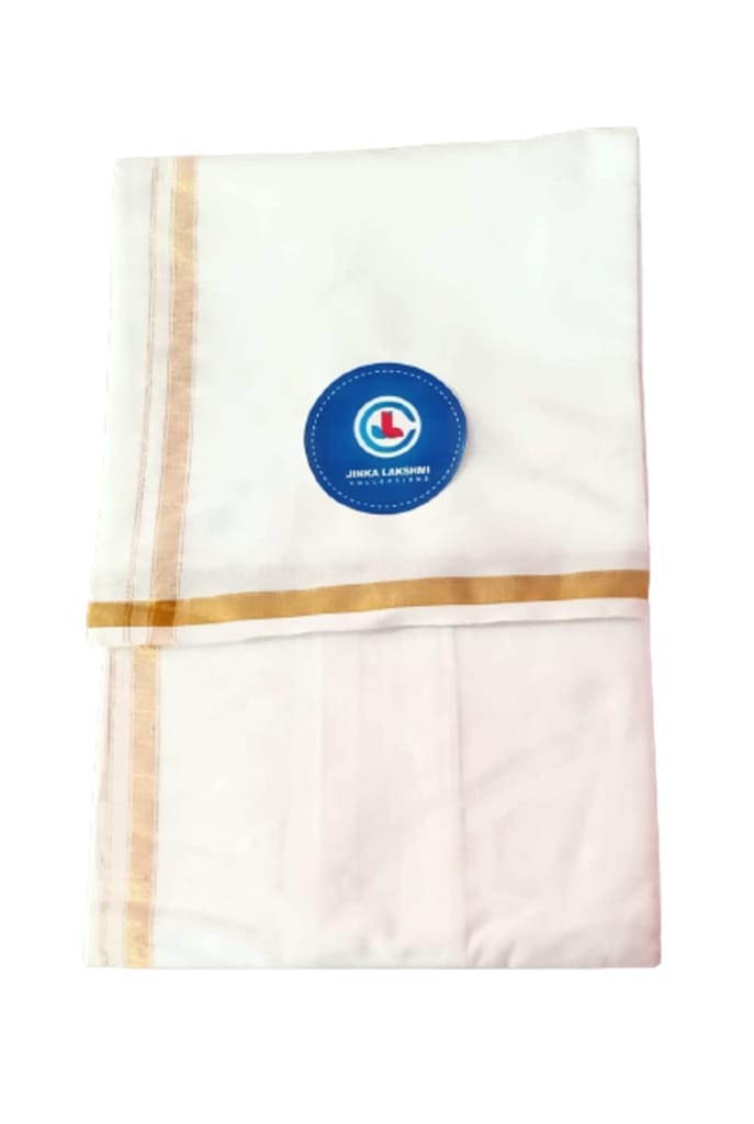 JINKA LAKSHMI COLLECTIONS 100% Cotton White Lungi 2 Meters Unstitched Pack of 1 (Gold Border) view 2