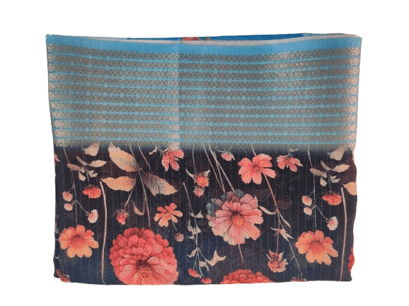 Blue and Black Floral Saree with Zari Border view 2