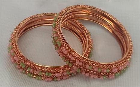 Set of 4 Copper Bangles with Pink and Green Beads view 2