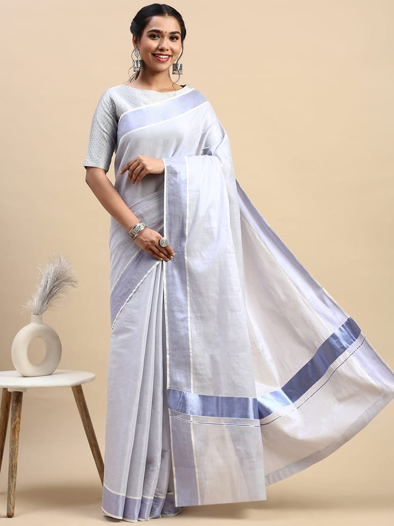 Kerala Saree Blue Colour with Jari Border KS94 view 2
