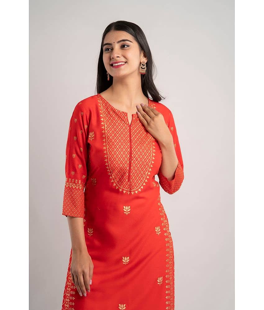 MAUKA - Red Rayon Women's Straight Kurti ( Pack of 1 ) view 2