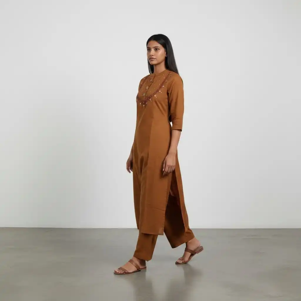 Handloom Cotton Co-Ord Set with Hand Embroidery in Chocolate Brown view 2