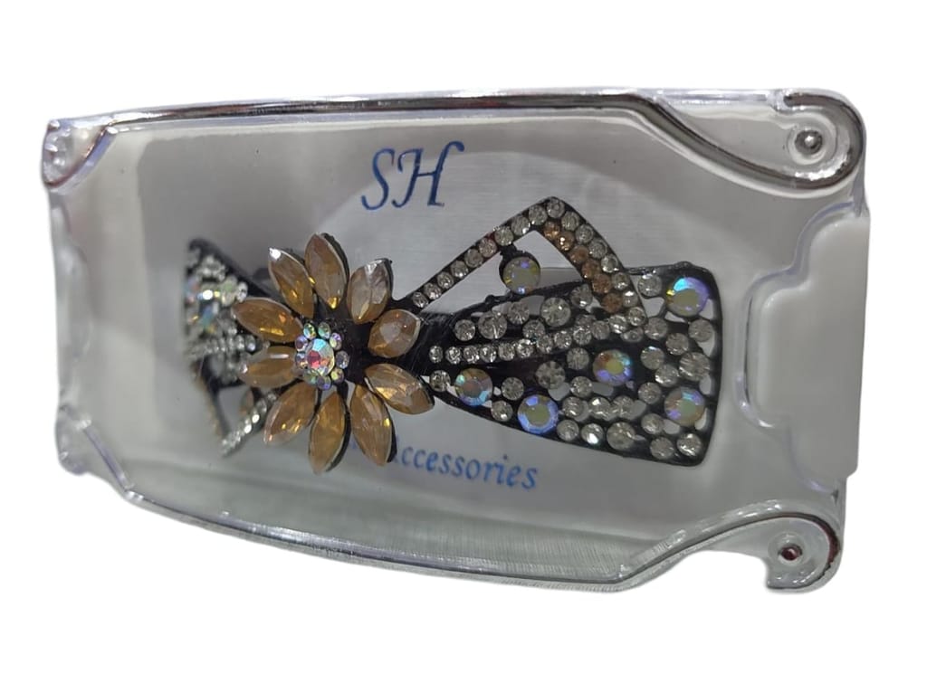 Black and Amber Rhinestone Bow Hair Clip view 2