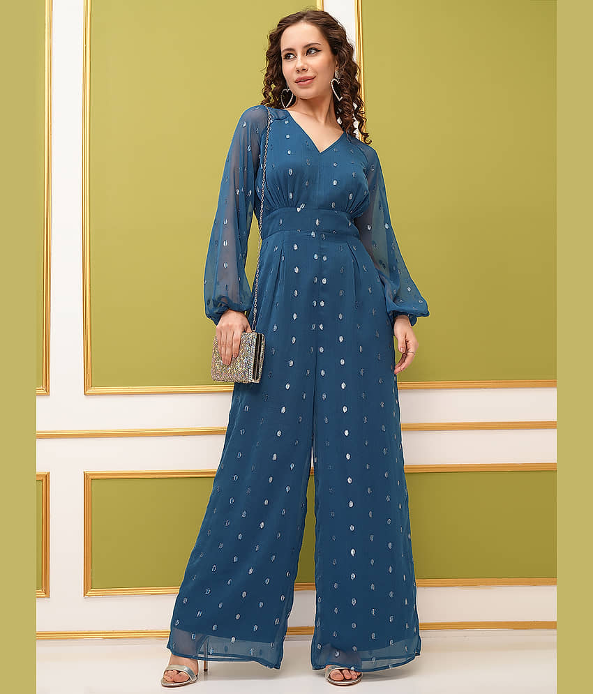 Tokyo Talkies Women Self Design Polyester Jumpsuit ( Blue )