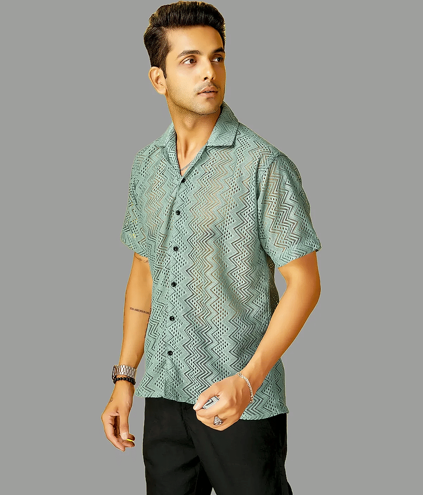 HARPITA Cotton Blend Oversized Fit Self Design Half Sleeves Men's Casual Shirt - Olive ( Pack of 1 ) view 2