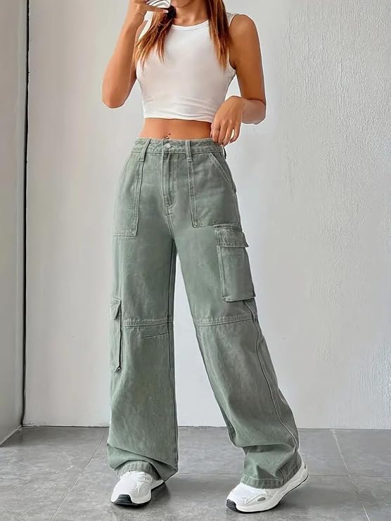Glossia Fashion Women Cargo Jeans | High Waist Stretchable Wide Leg Straight Fit Denim| Boyfriend Jeans for Women - Light Green, 32 view 2