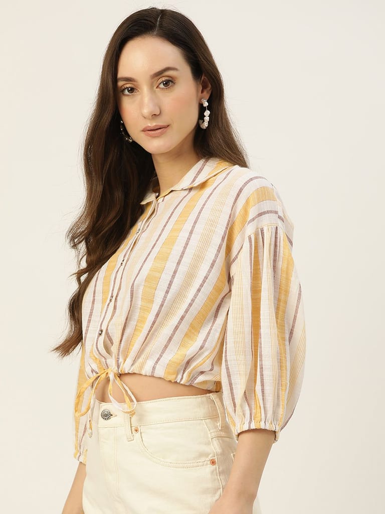 Rue Collection White & Yellow Striped Crop Top view 2