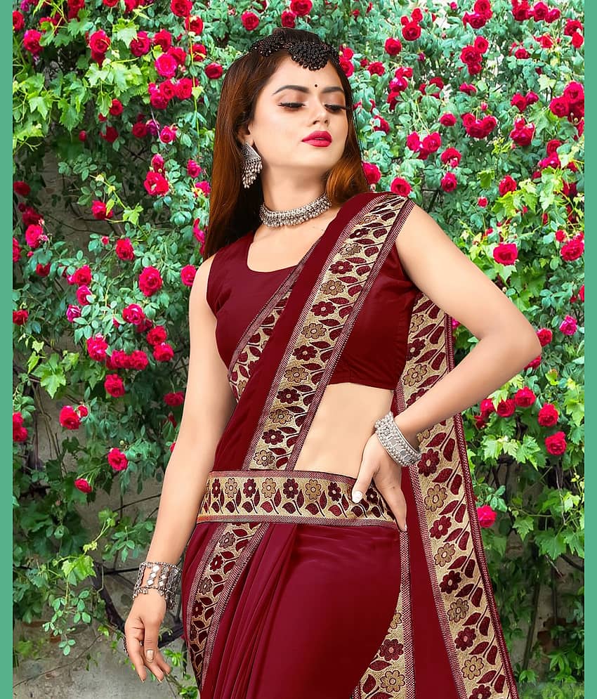 WXW Fashion Lycra Self Design Regular Saree With Unstitched Blouse Piece ( Maroon )