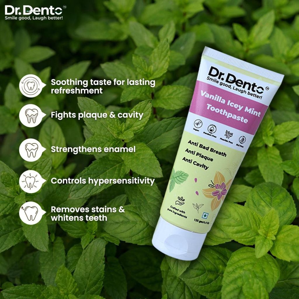 Dr.Dento Vanilla Icy Mint Toothpaste 125 gm | Active Freshness, Cavity Prevention & Teeth Whitening | SLS & Fluoride Free | Toothpaste with N-Hap for Teeth Remineralisation & Complete Oral Care view 2